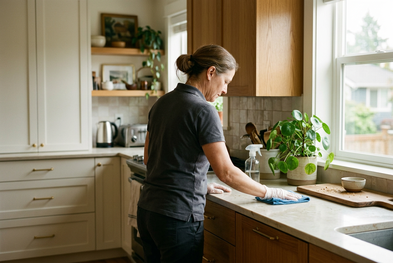 A cleaning professional carefully wiping a bright, welcoming kitchen counter