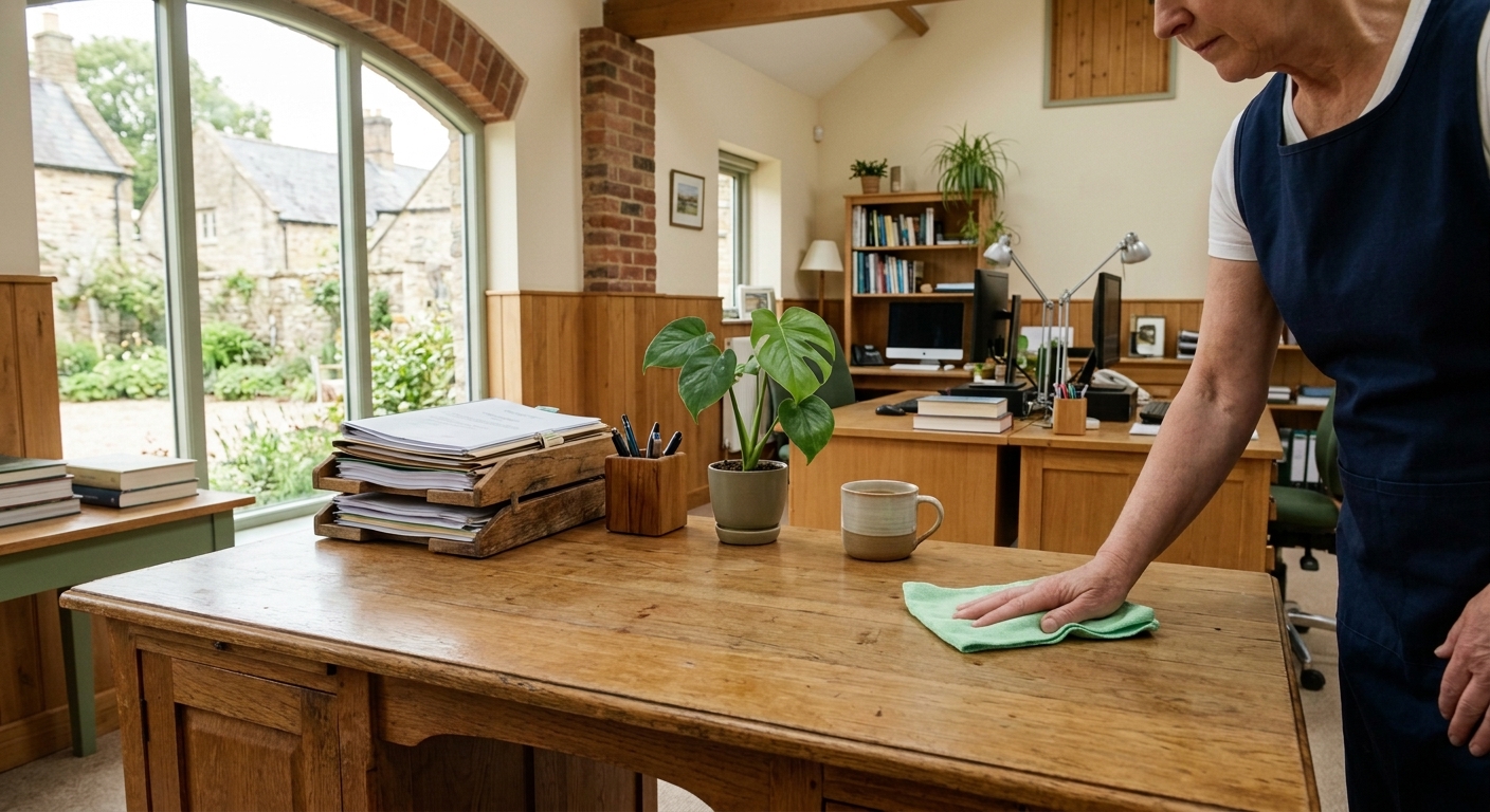 A tidy, sunlit office being carefully cleaned at a desk